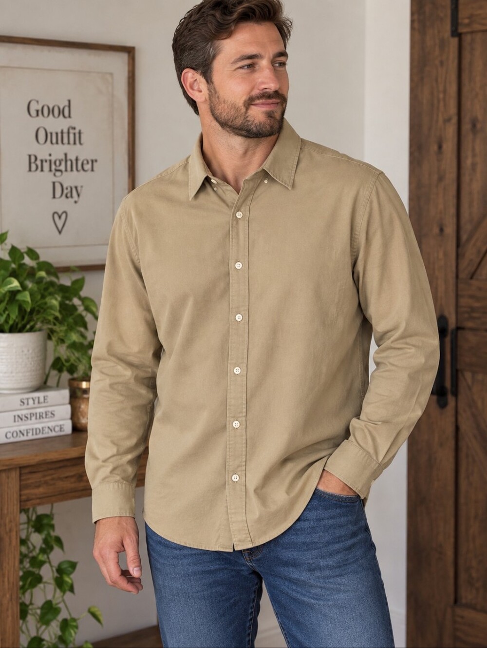 Banana Republic Tan Long Sleeve 100% Cotton Button Up Shirt Men's XXL 18-18.5